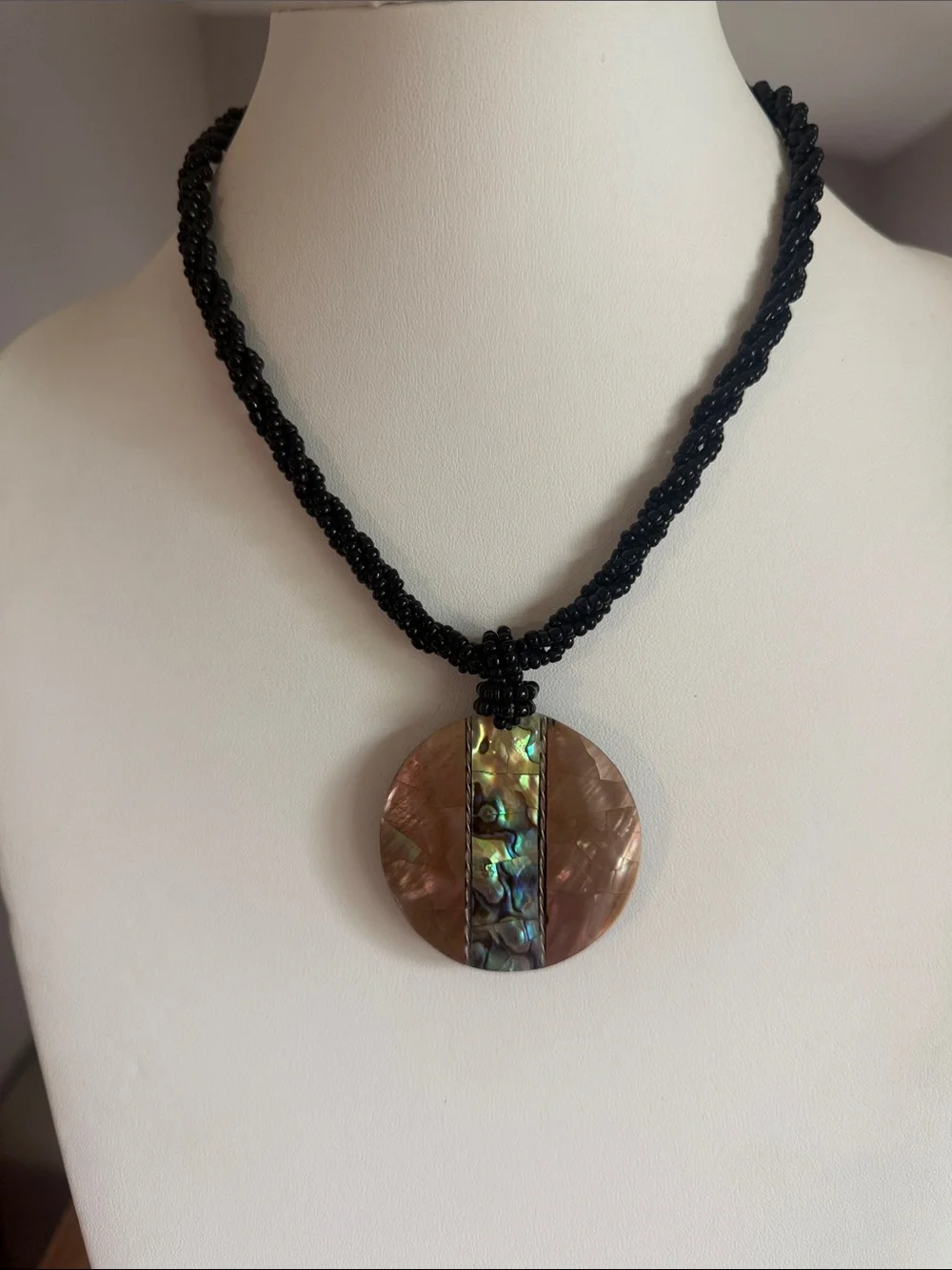 Vintage Handmade Black Beaded Necklace with Brown Abalone Pendant